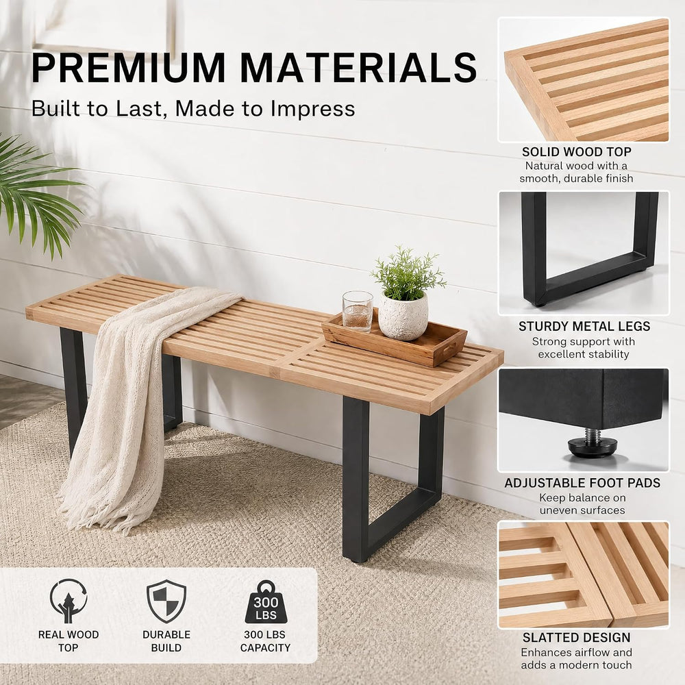 HNY Modern Entryway Bench Wood Dining Bench Minimalist Nelson Bench with Meta...