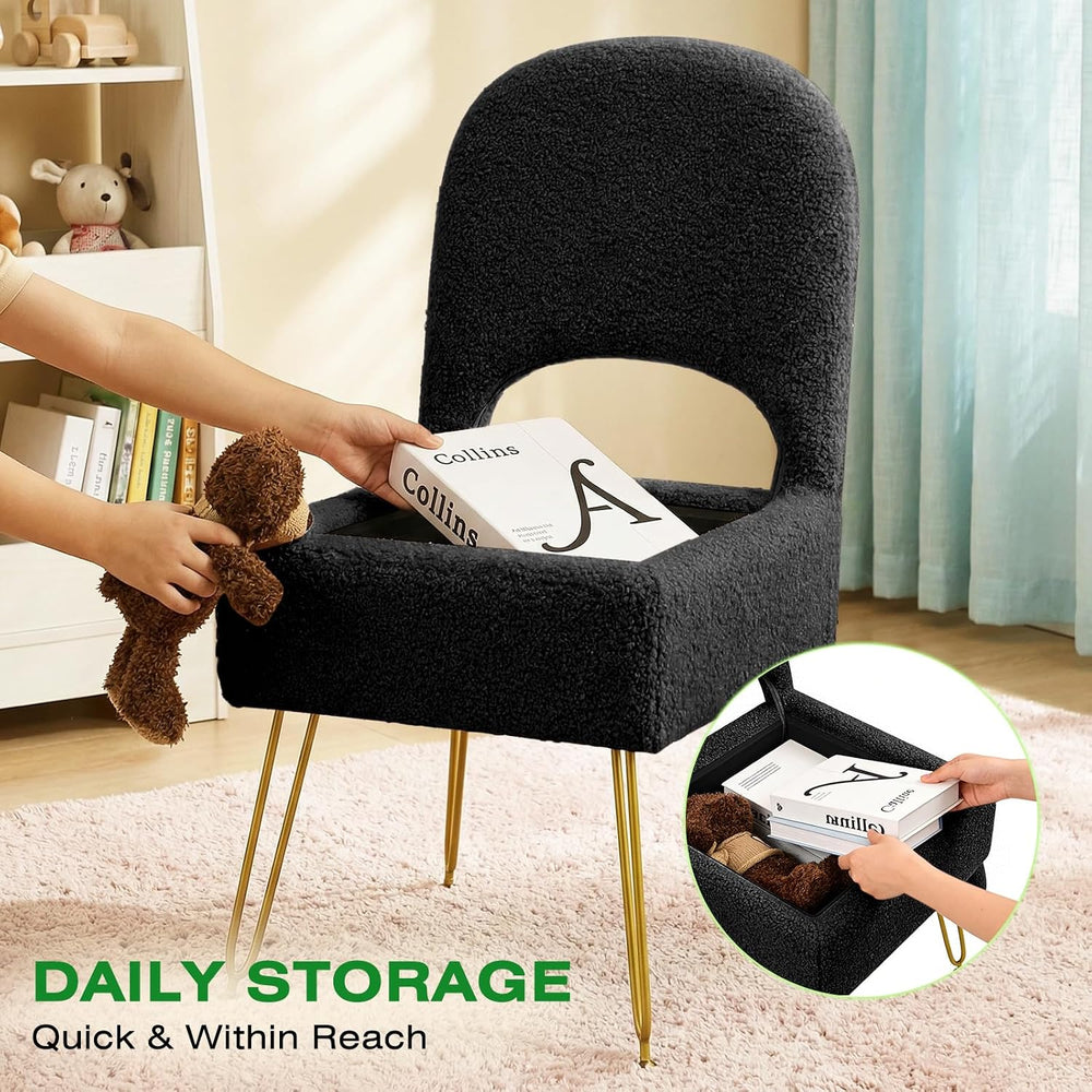 Vanity Stool with Storage & Folding Backrest, Cute Black Faux Fur Makeup ...