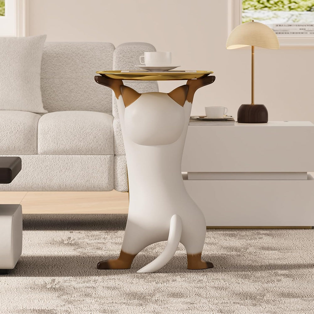 homary Cat Side Table with Gold Tray – Resin Animal Figurine End Table, Small...