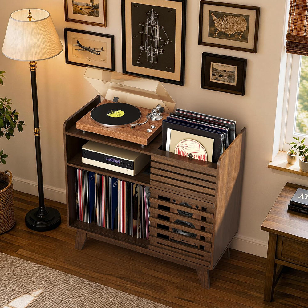 Large Record Player Stand with Charging Station, Mid Century Modern Record Pl...