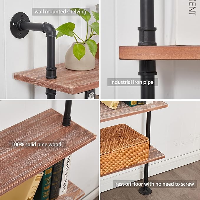 Industrial Ladder Shelf Bookcase, Wall Mounted Rustic Bookshelf, Retro Wood M...