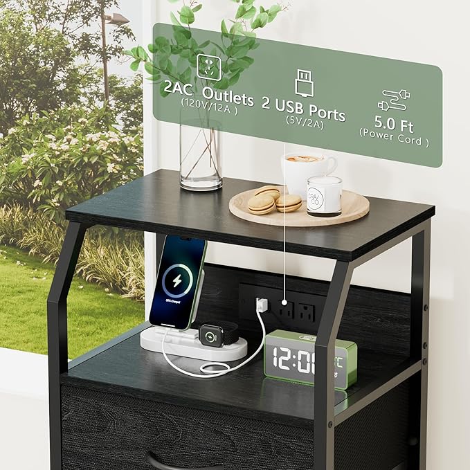 Furnulem Night Stand with Charging Station, 28.3 Inch Tall Side Table with Fa...
