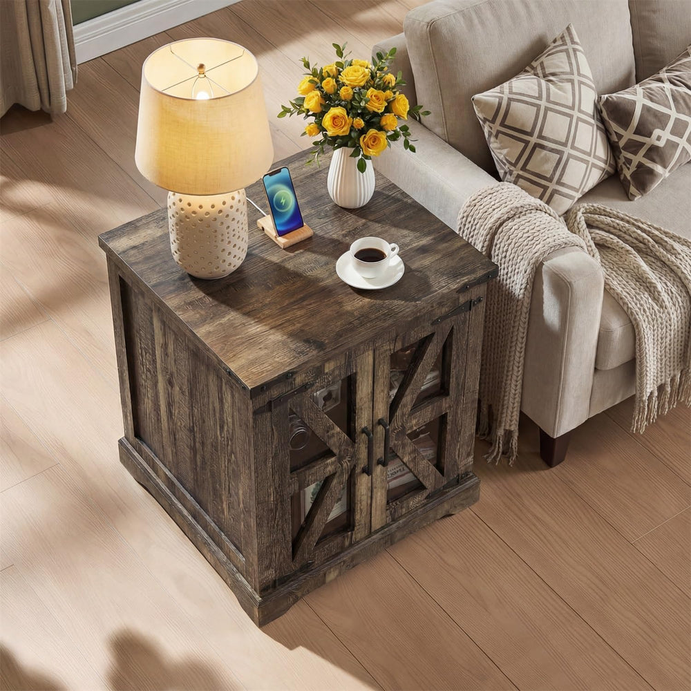 Farmhouse End Table, 24" Large End Tables with Storage, Rustic Square So...