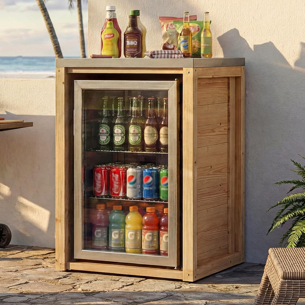 MOUMON Outdoor Kitchen Mini Fridge Cabinet with Stainless Steel Countertop