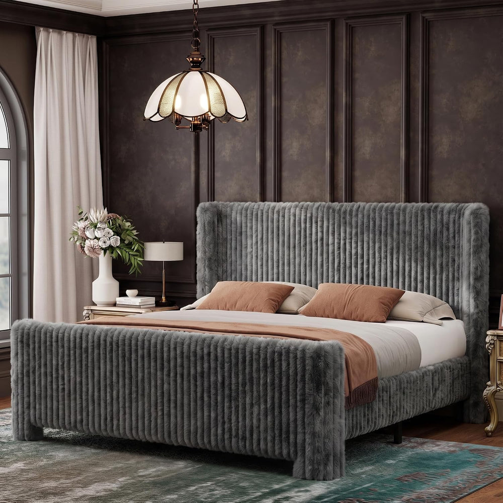 Queen Bed Frame with Faux Fur Upholstered Curved Wingback Headboard & Foo...