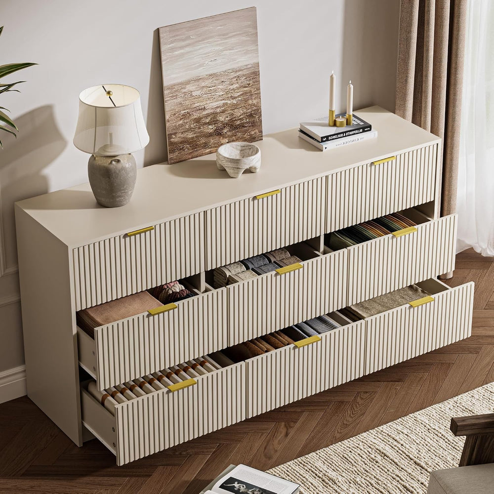 Beige 3-Piece Bedroom Set, 9-Drawer Dresser & 2-Drawer Nightstands