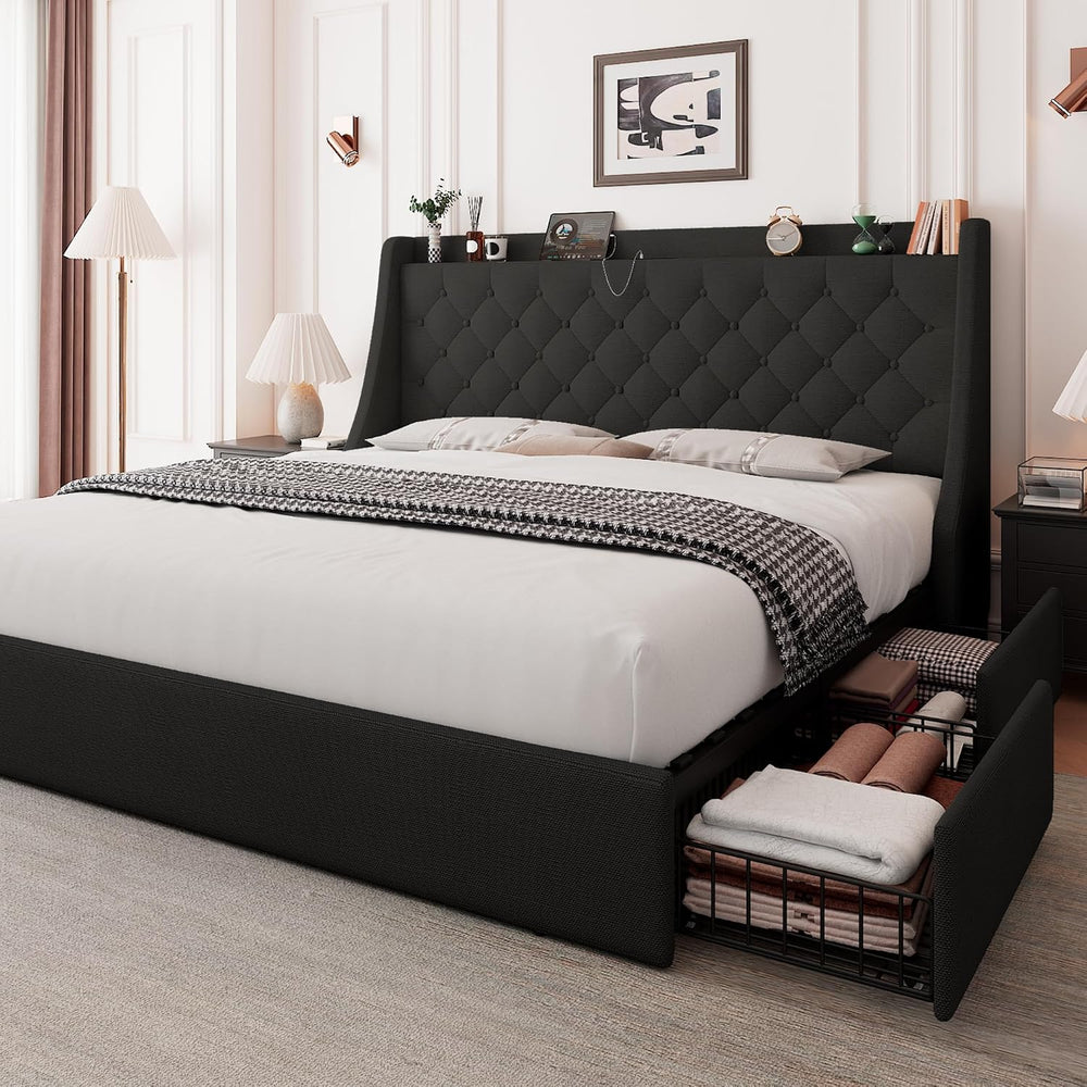 Feonase Upholstered Queen Size Bed Frame with 4 Storage Drawers, Storage Bed ...