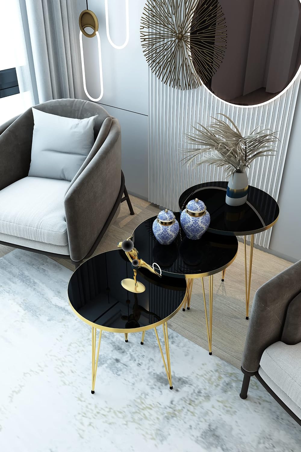 Set of 3 High Gloss Black Gold Legs Nesting End Tables Round Wood Stacking Co...