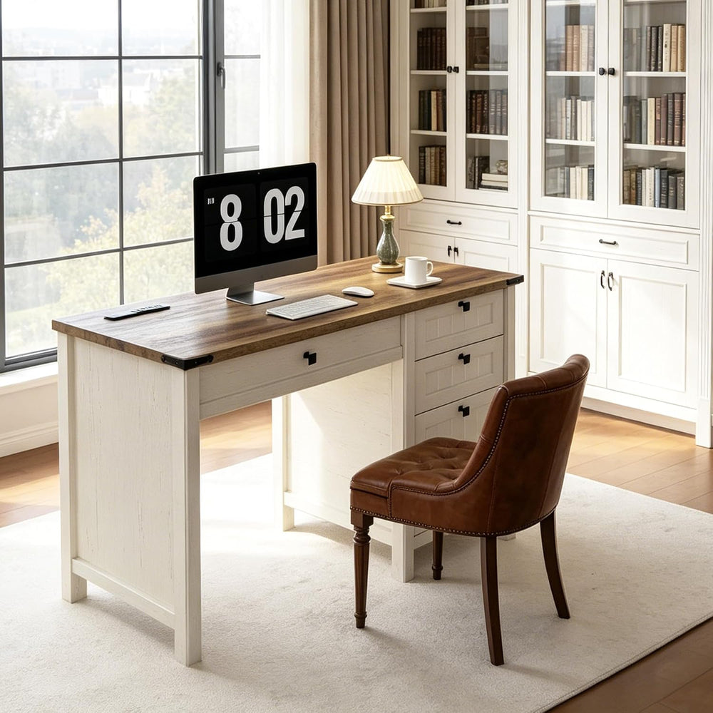 White Farmhouse Desk 45" with 4 Drawers & Charging Station