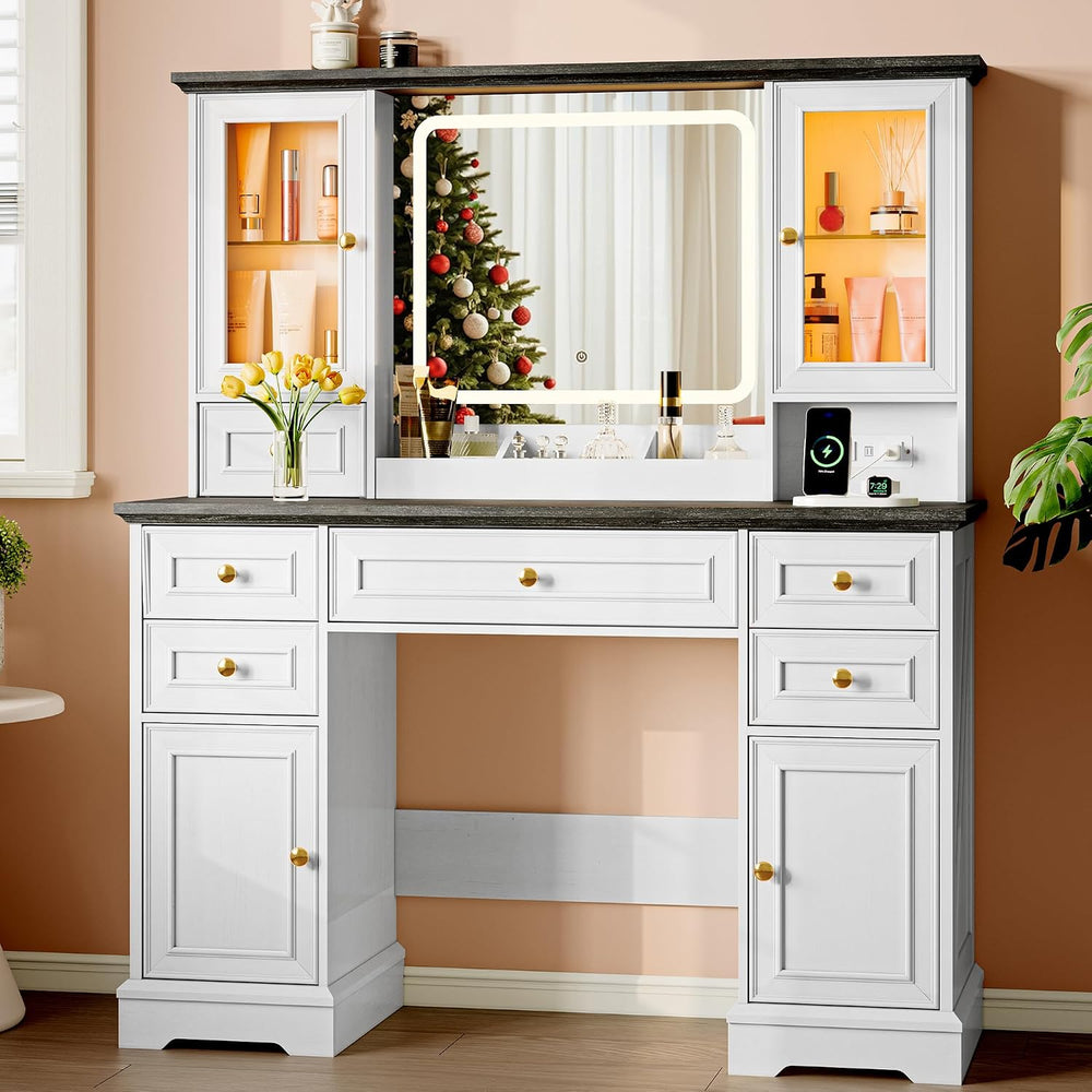 Xixini 43.3" Farmhouse Vanity Desk with LED Mirror, RGB Cabinets, White