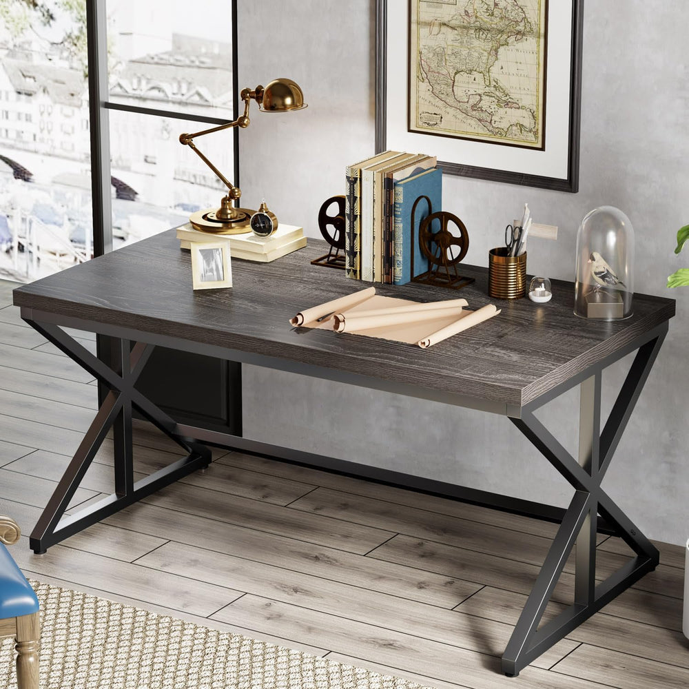 60 Inch Office Desk, Modern Wood Writing Study Computer Desk Dark Gray