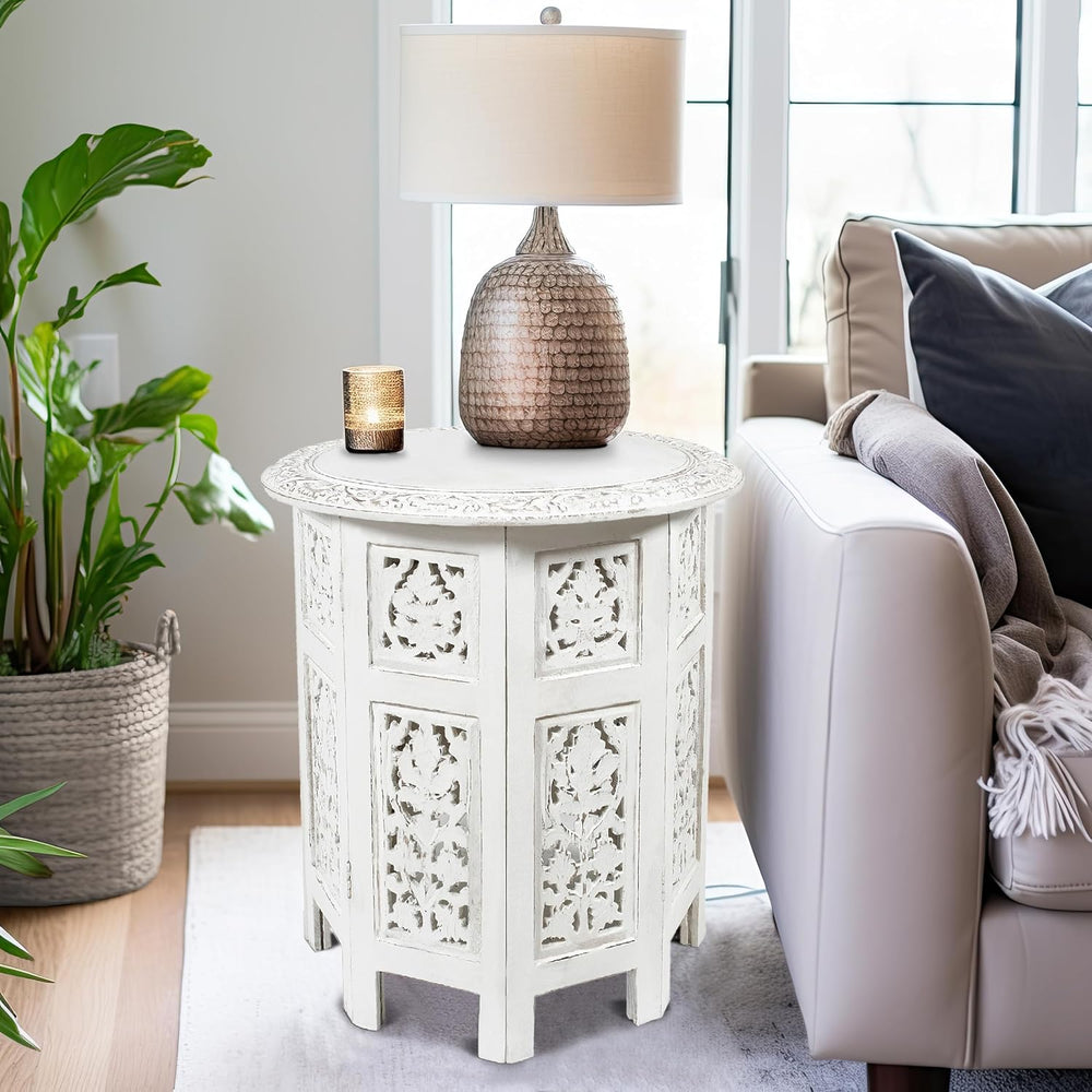 COTTON CRAFT Solid Wood End Table - Hand Carved Folding Accent Side Table
