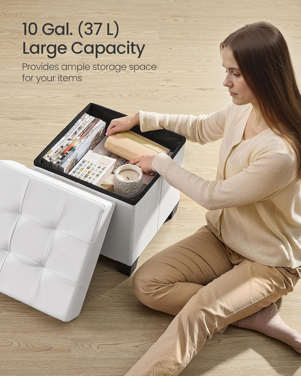 SONGMICS Storage Ottoman, Cube Ottoman with Legs, 15 x 15 x 15.7 Inches, Foot...