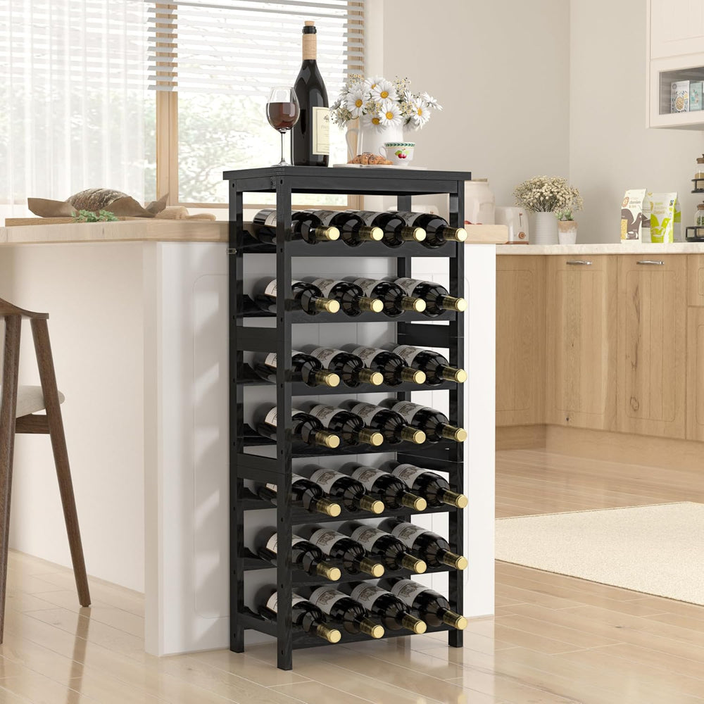 28-Bottle Wine Rack Free Standing Floor, Solid Wood 7-Tier Display Wine Stora...