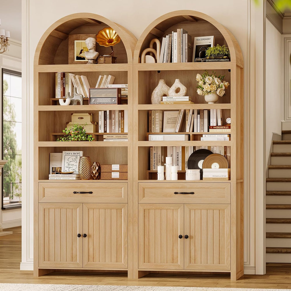 84.2" Tall Arched Cabinets,Bookcase with Drawer storage,Mid-Century Mode...