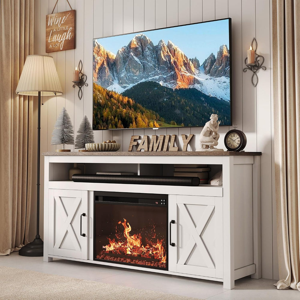 BELLEZE Corin 58" TV Stand with 23" Electric Fireplace - White