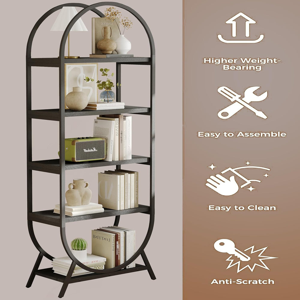 Arched Bookshelf,5-Tier Tall Wide Open Bookshelf,Modern Brown Storage Bookshe...