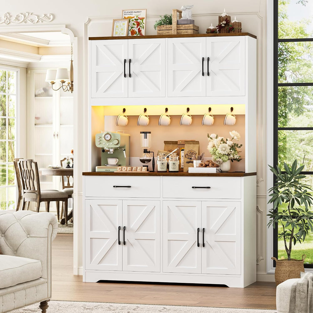 HIFIT 71" LED Pantry Cabinet with Charging Station, Tall Coffee Bar Cabi...