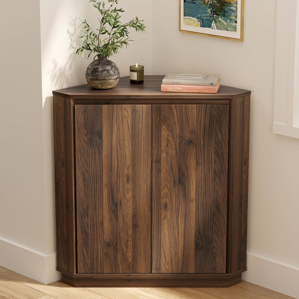 Corner Cabinet, Modern Handless Corner Floor Cabinet with 2 Doors and 2-Tier ...