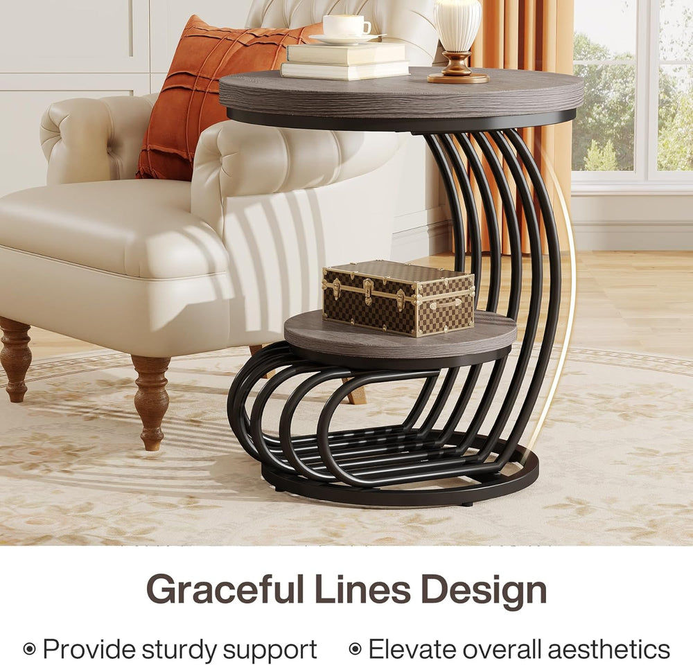 Tribesigns Round End Table: 2 Tiers Wood Side Table Set of 2 with Storage She...