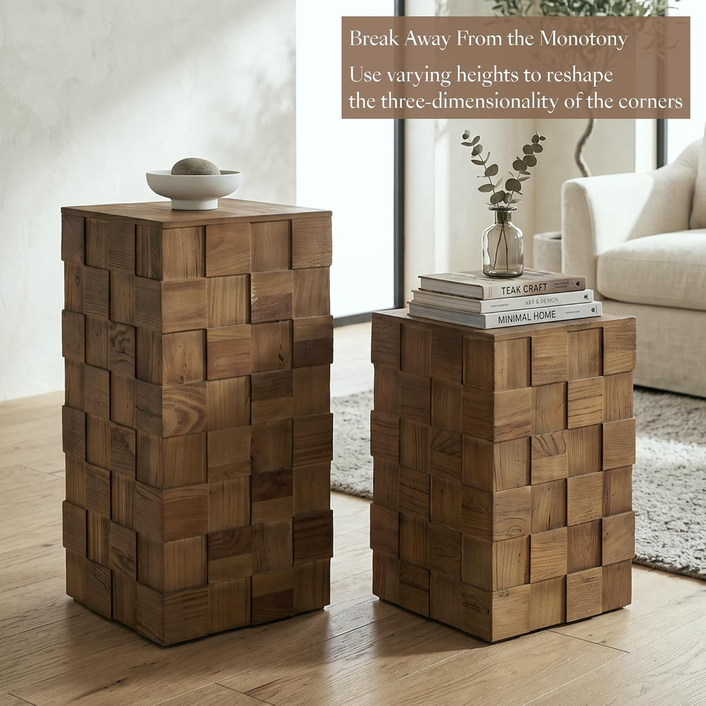 Nesting End Table, Textured Block Design Side Table, Natural | Solid Elm Wood...