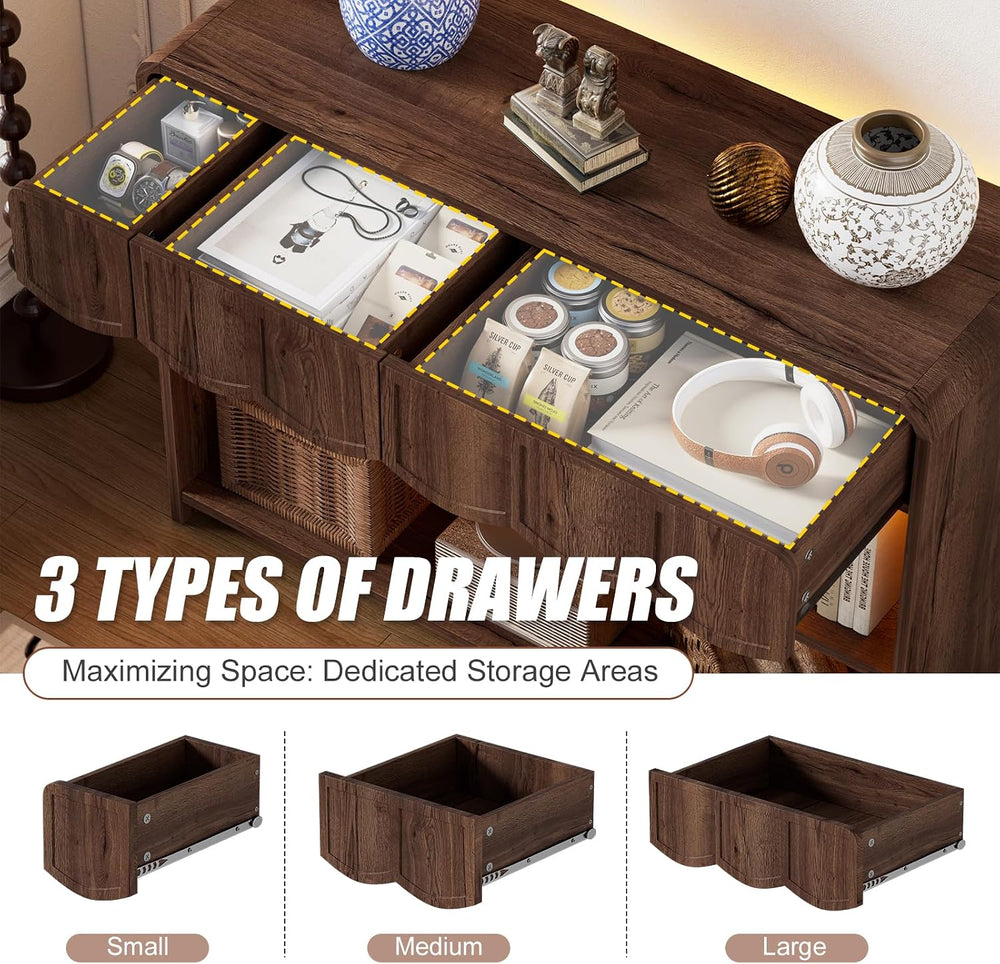 PAKASEPT Retro Entryway Table with RGB LED Lights, 43" Walnut Console Ta...
