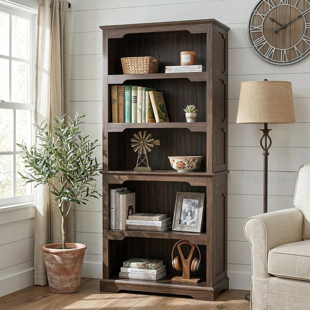 70” Walnut Bookcase Bookshelf, 5-Tier Farmhouse Bookcase Shelves