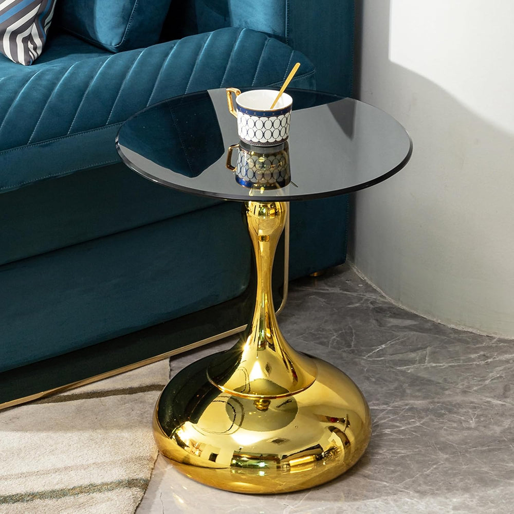 Luxury Round End Table Gold Metal Base 17.7inch Black Tempered Glass Top Mode...