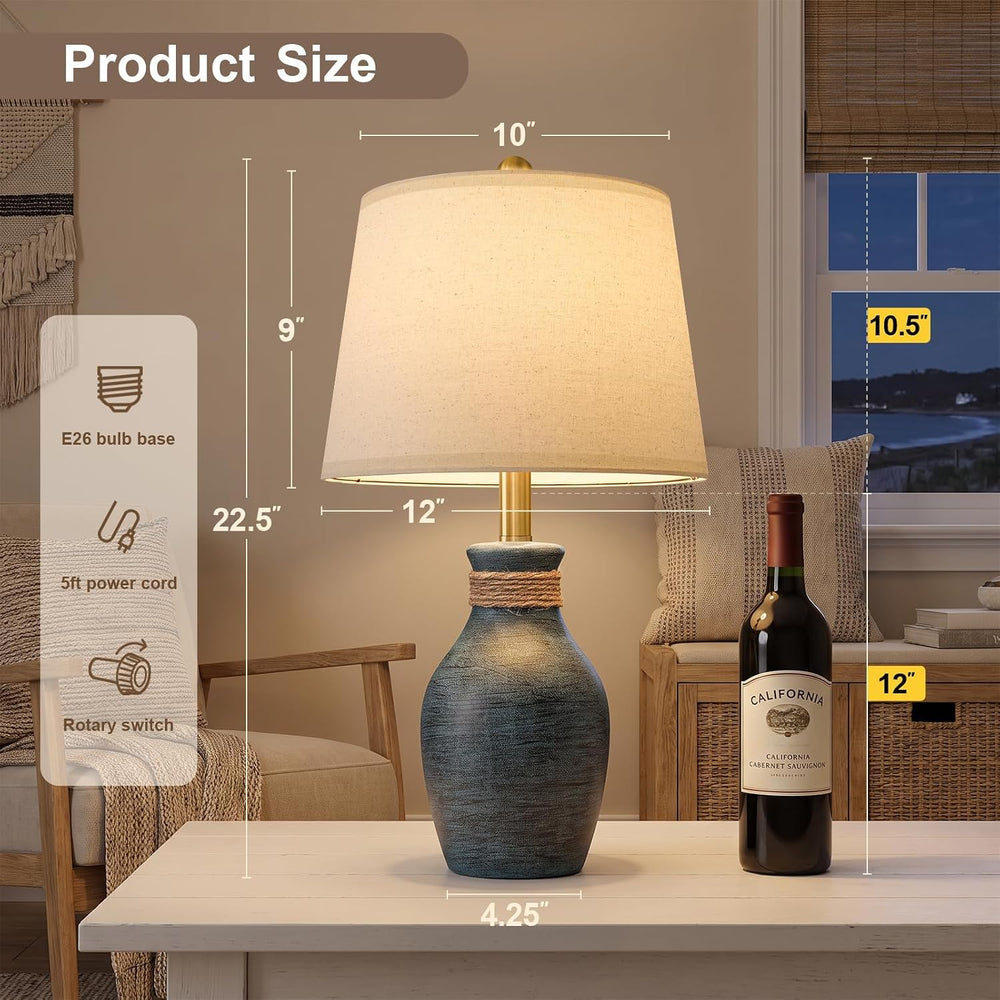 USumkky 22.5" Farmhouse Ceramic Table Lamp Coastal Bedside Lamp BlueโGrey