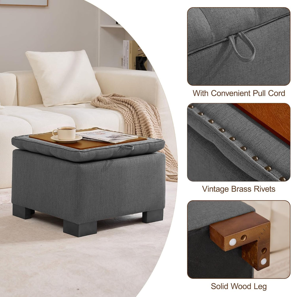 WUTUTUEE 24" Fabric Square Storage Ottoman with Wooden Tray, Modern Tuft...