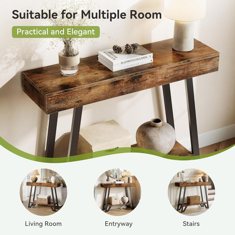 LITTLE TREE 41-Inch Console Table with Geometric Metal Frame, Rustic Brown, E...
