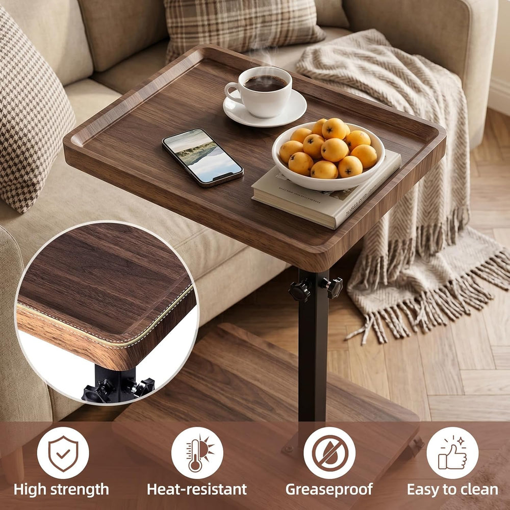 TV Tray Table with Wheels, 360° Swivel C Shaped, Walnut