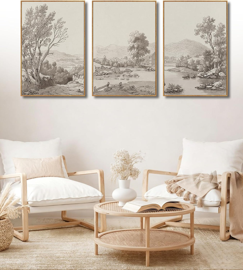 UPWOIGH Sepia Landscape Wood Framed Wall Art Set of 3, 16 x 24 Inch