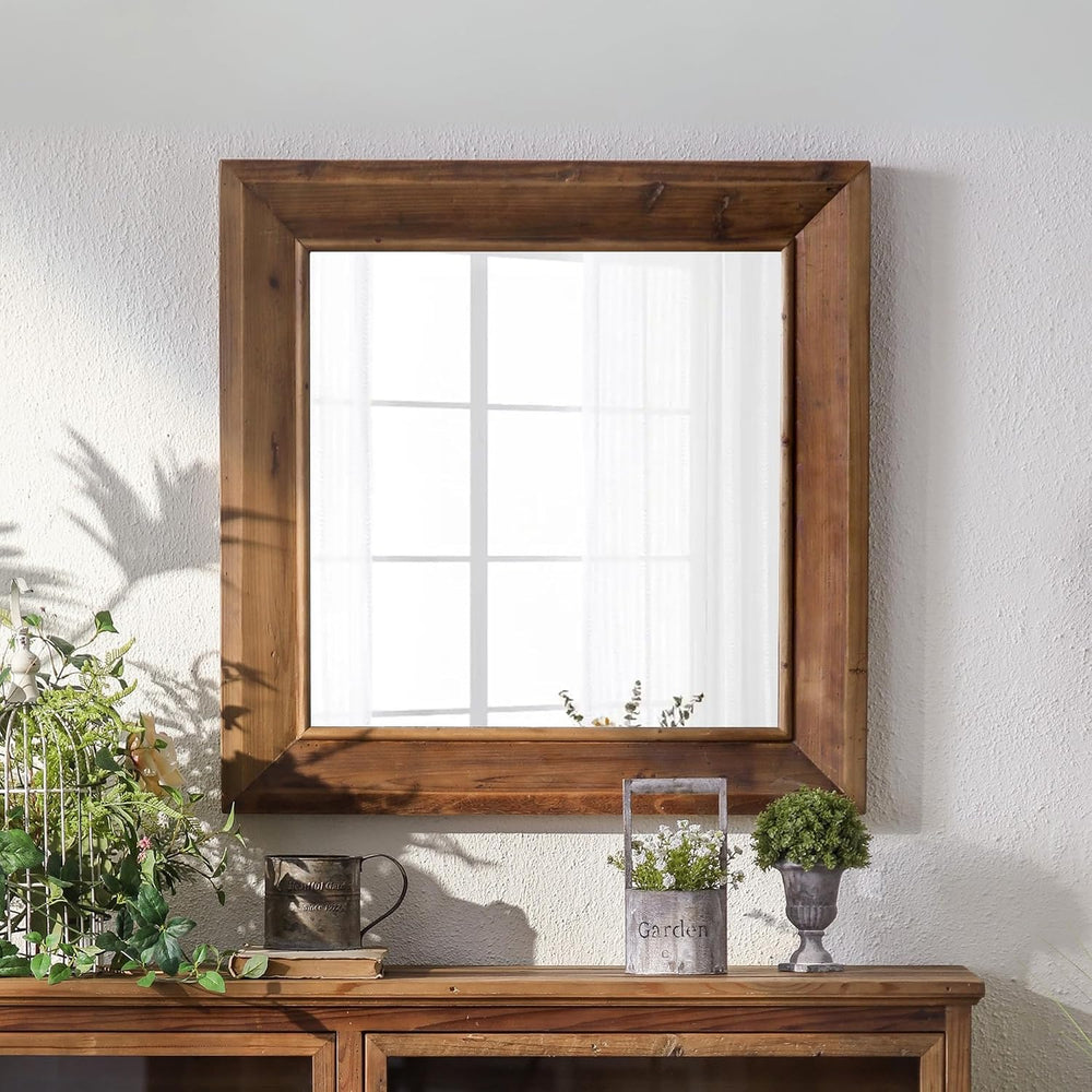 ZIYOO Rustic Farmhouse Wall Mirror, Solid Wood Frame Square Decorative Mirror...