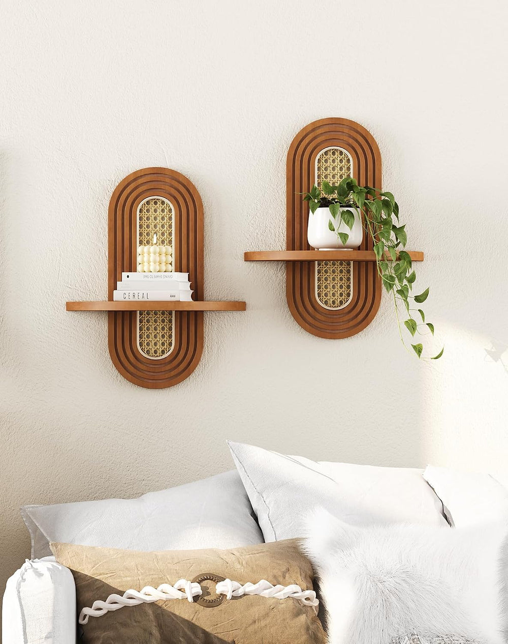 Floating Shelves for Wall, Boho Home Wall Decor,Rattan Plant Shelf Set of 2, ...
