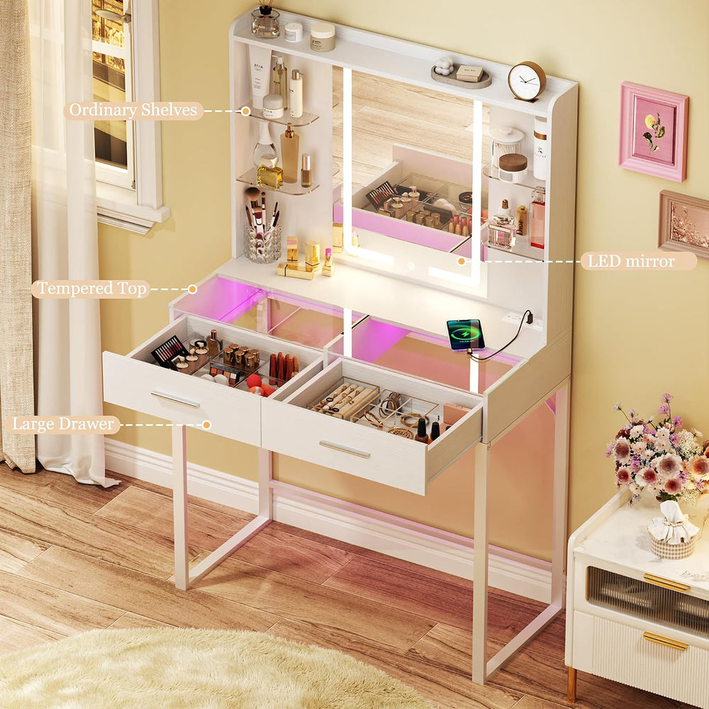 HUAHUU Vanity Desk with Mirror and LED Lights, 31" Small Makeup Vanity w...