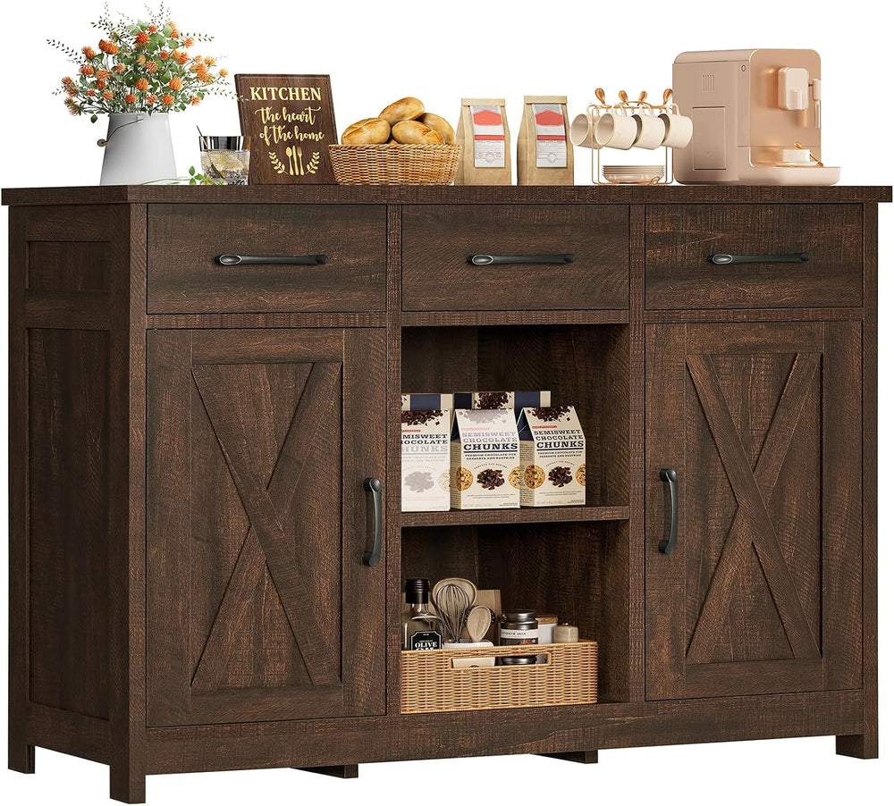 TEENFON Coffee Bar Cabinet with 3 Drawers, Farmhouse Buffet Cabinet