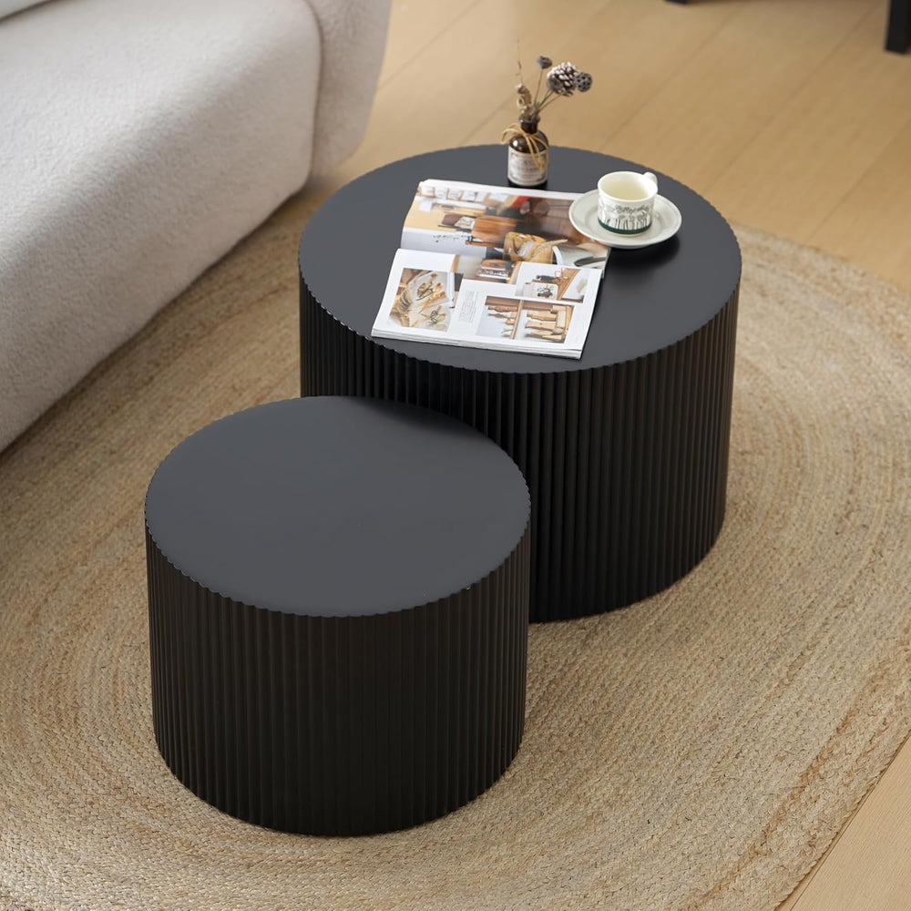 Nesting Coffee Table Set of 2, Modern Drum Side End Wave Stripe Round Coffee ...