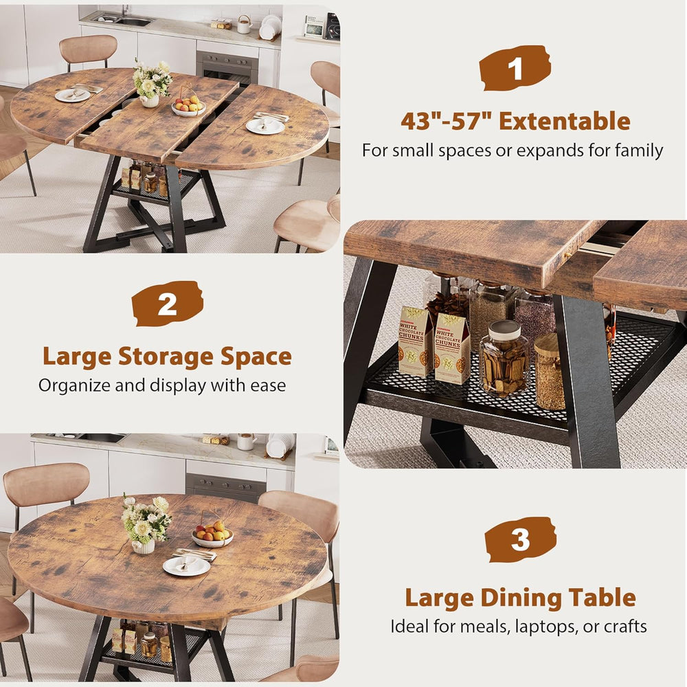 43‘’-57‘’ Extendable Round Dining Table for 4-6, Modern Industrial Kitchen Ov...