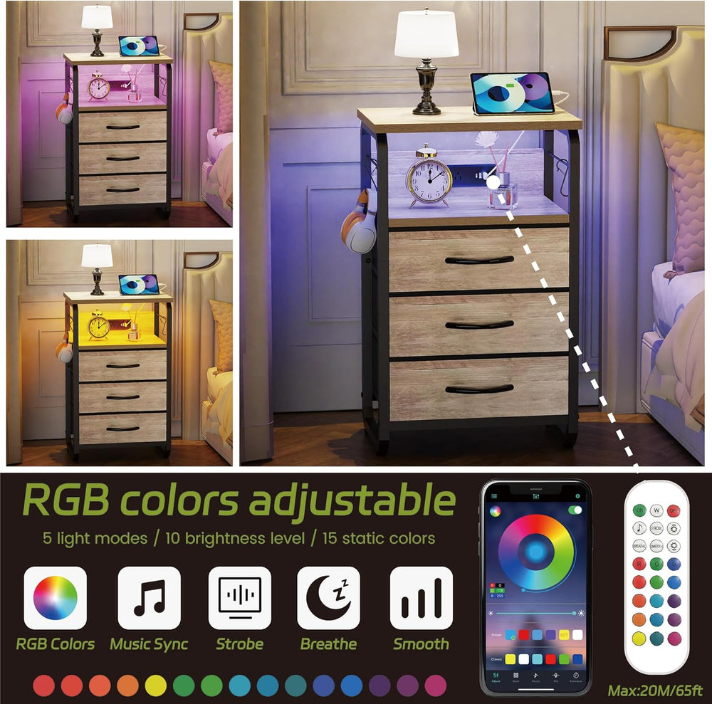 runjuly Bed Side Table with 3 Fabric Drawers, Night Stand with Charging Stati...