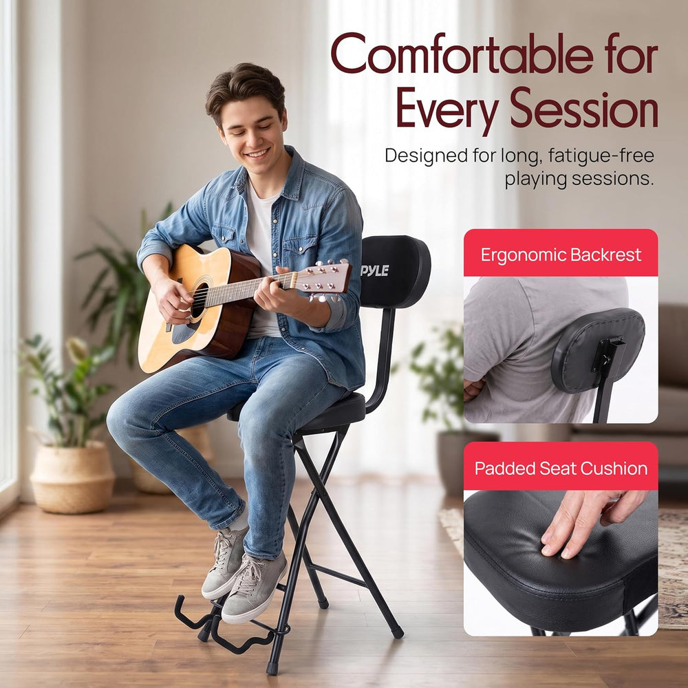 Pyle Adjustable Guitar Seat with Built-In Stand, EVA Foam Padded Cradles, Rem...