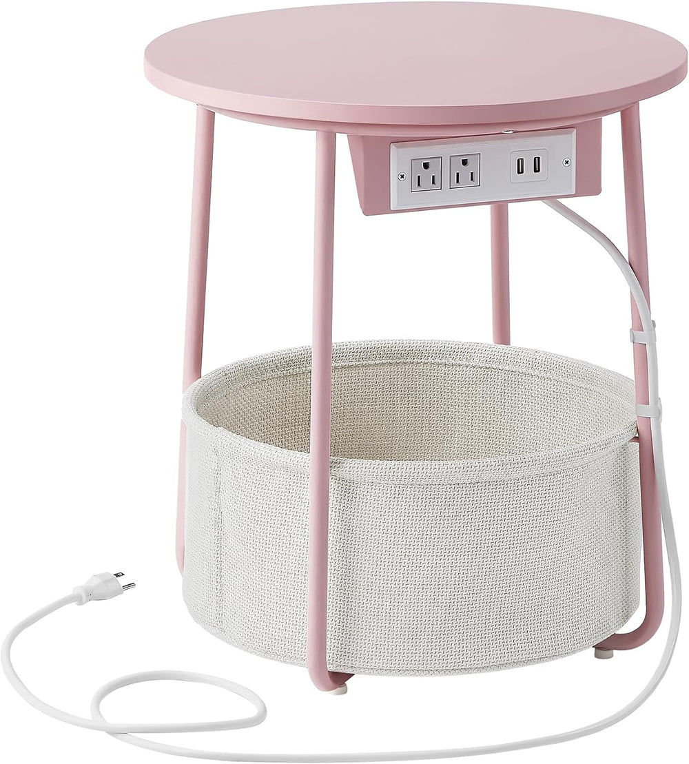 SONGMIC HOME Round Side End Table, Nightstand with Charging Station and Fabri...
