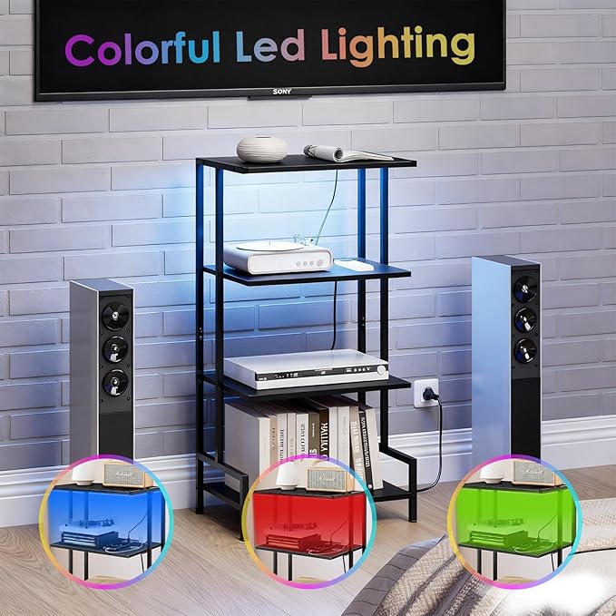 4-Tier AV Media Stand with Power Outlet and LED Lights,Wooden Stereo Stand Ca...