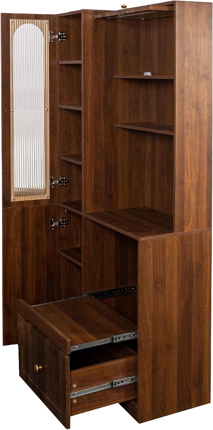 KEIKI 70.87" H Tall Kitchen Pantry Storage Cabinet with Countertop, Glas...