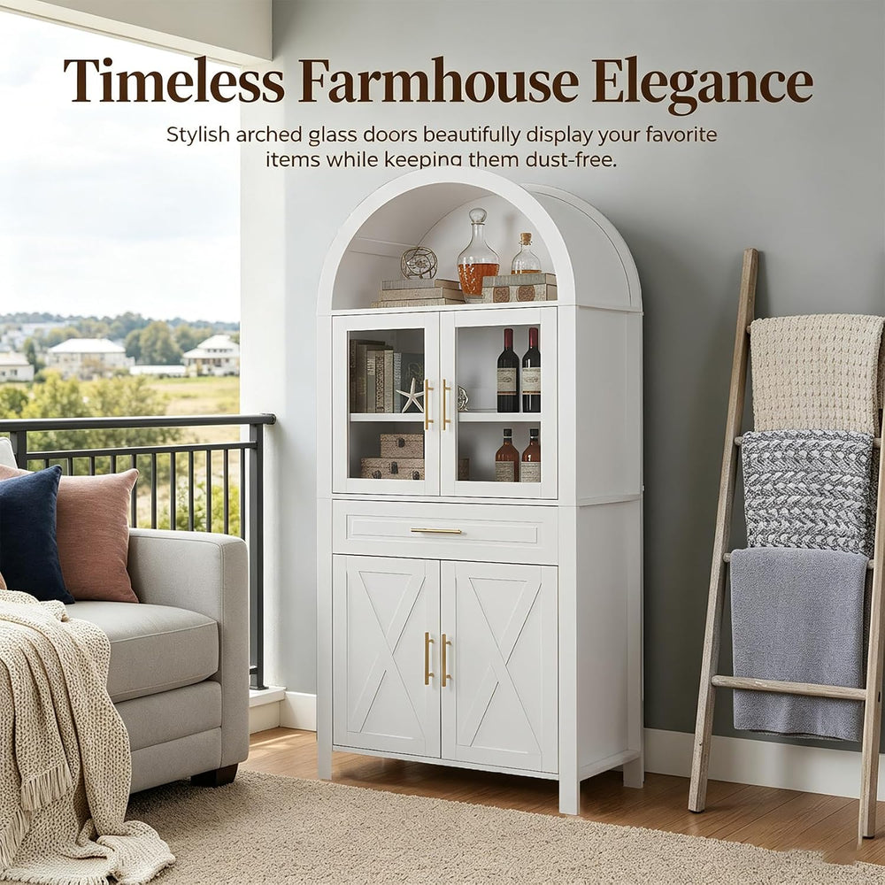 71" Tall Arched Kitchen Pantry Cabinet with Glass Doors - Farmhouse Stor...