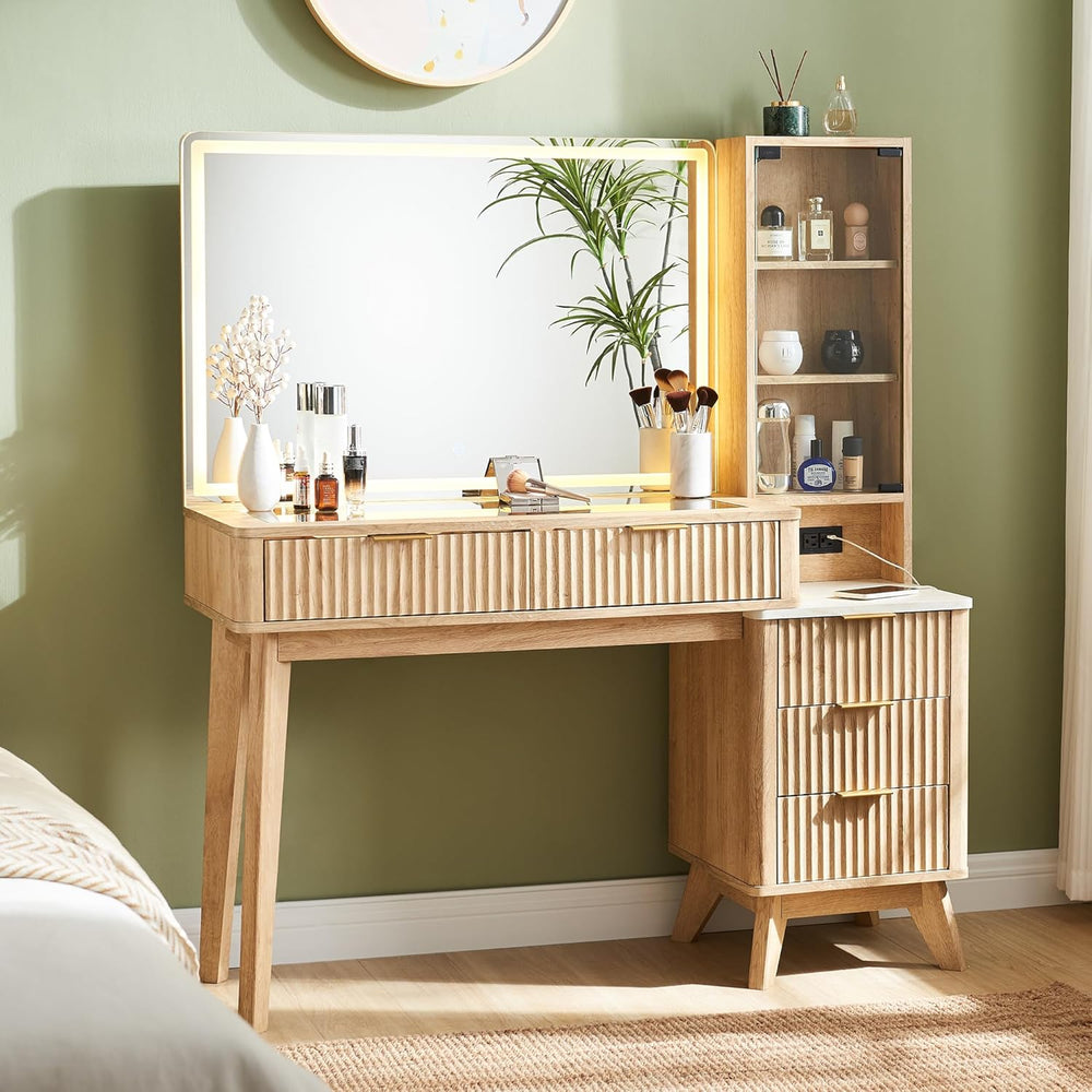 T4TREAM 48" Fluted Makeup Vanity Desk with 36" Lighted Mirror, Oak ...