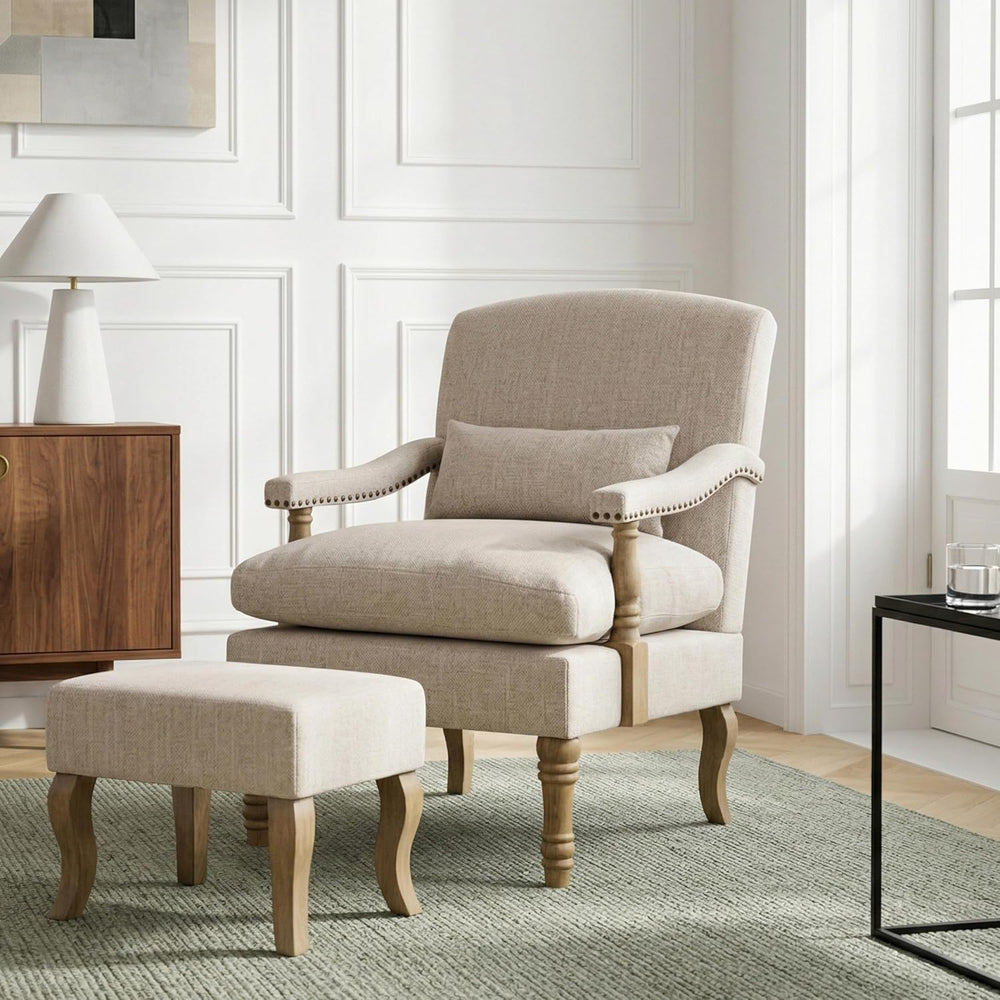 Accent Chairs with Ottoman Set of 2, Farmhouse, Natural Beige