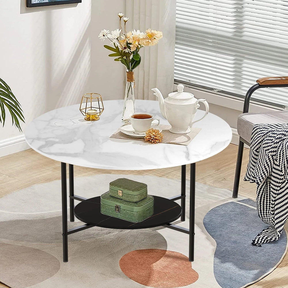 31.5Wx20.1Dx18.7H inch Round Marble Coffee Table, 2 Tier, Sofa Side End Table...