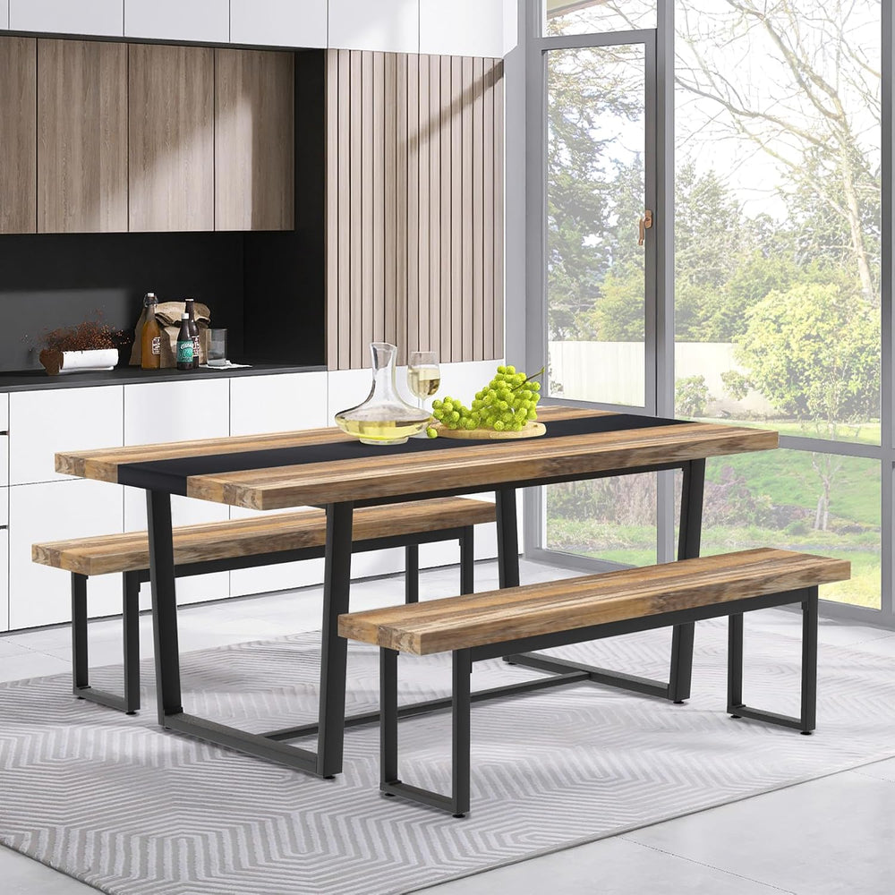 59" Farmhouse Dining Bench Pair 2, Wooden Bench Seat Kitchen Table, Brow...