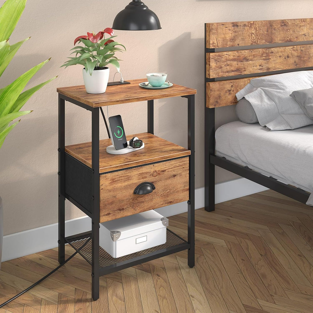 sthmec Nightstands Set of 2, Night Stands with Charging Station and Fabric Dr...